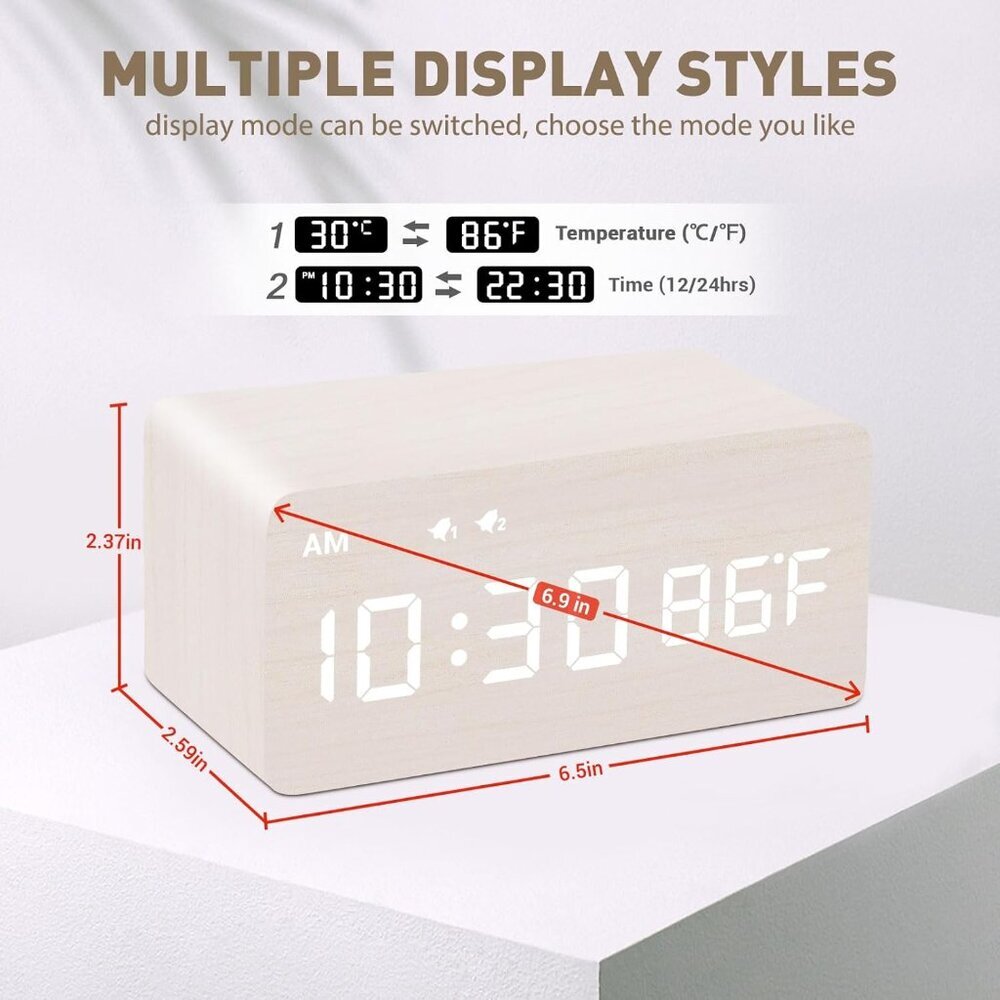 Digital Wooden Alarm Clock with Wireless Charging, 0-100% Dimmer, Dual Alarm, We - Picture 2 of 8